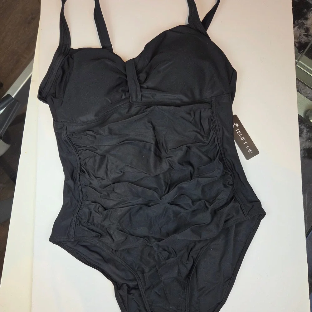 Tempt Me One Piece Womens XL Black Ruched Tummy‎ Control Sweetheart 008 NWT